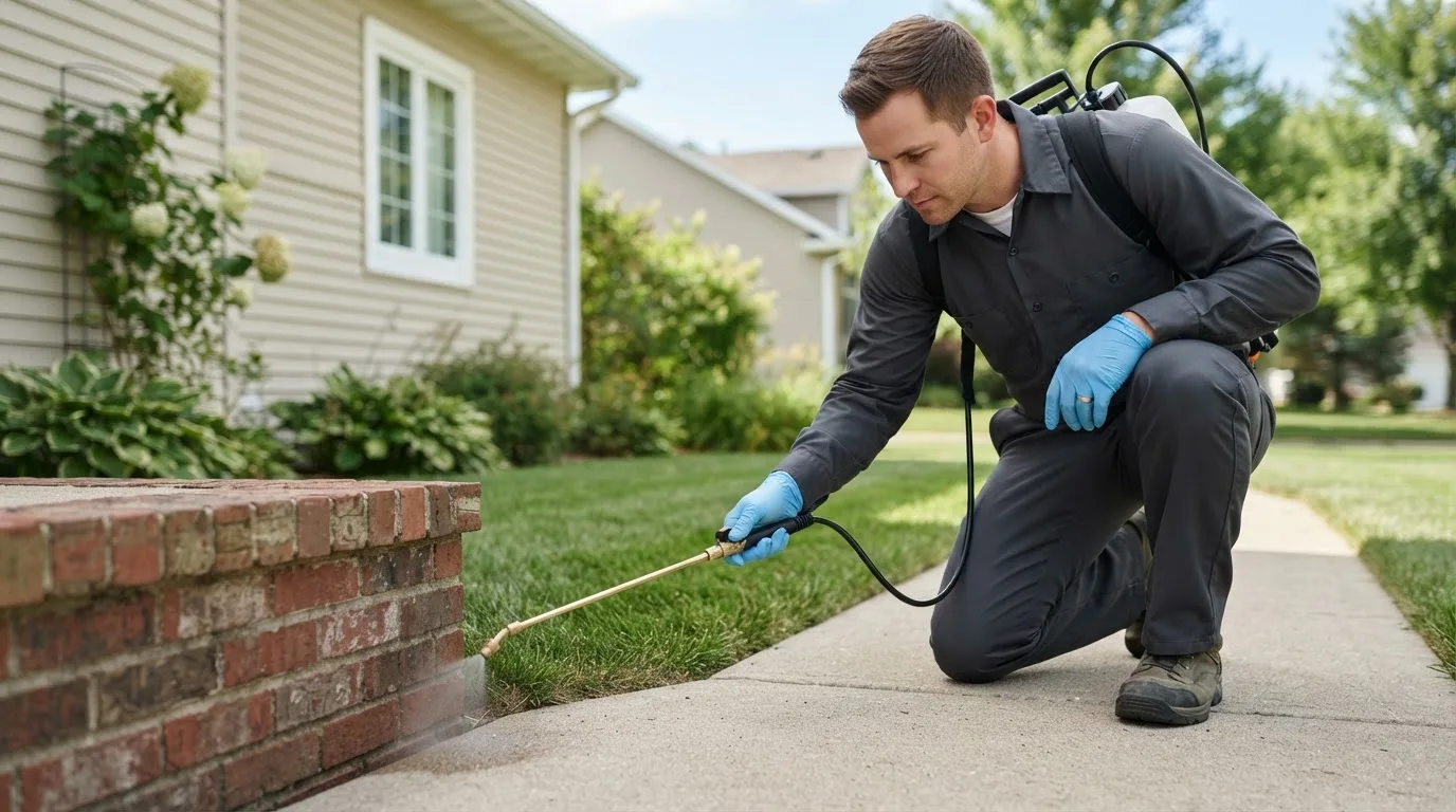 Pest control technician treating a home near Lowell, OR